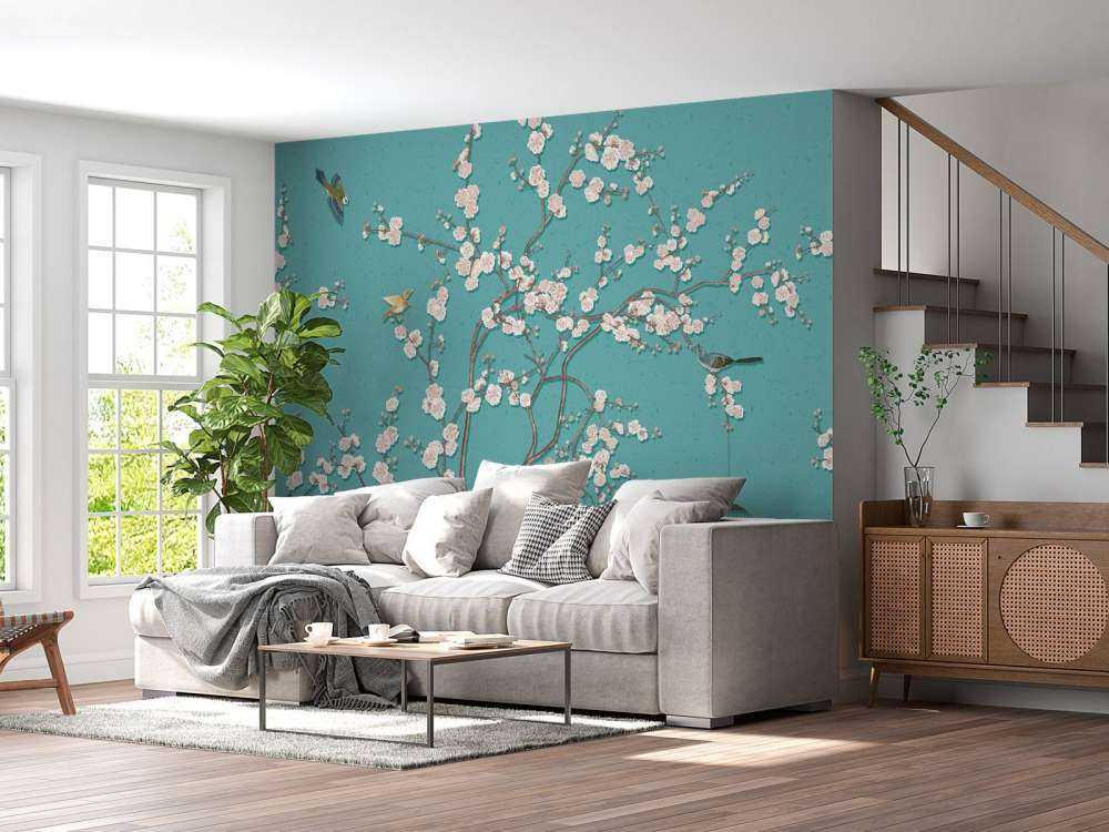 Drawn blossom tree with birds