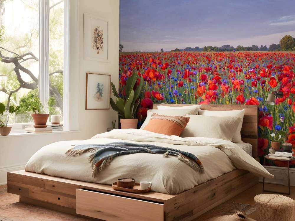 Blue flowers and red Poppies