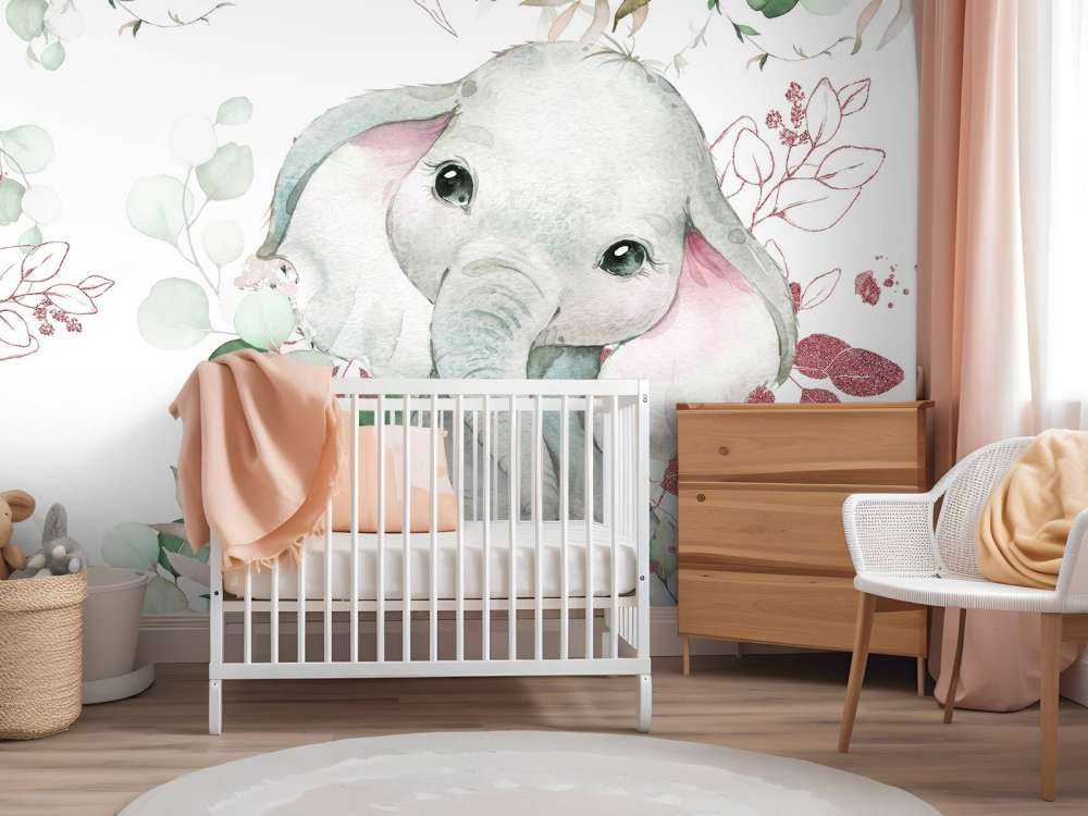 Elephant baby with mint and pink leaves
