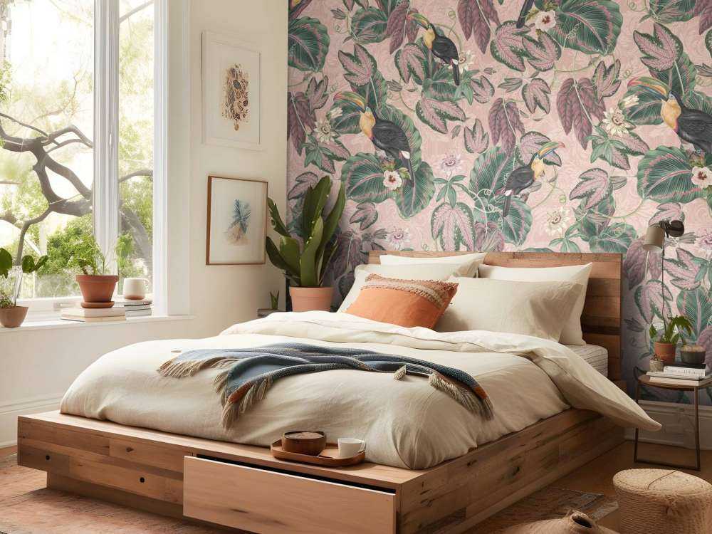 Tropical Jungle birds & toucans - pink