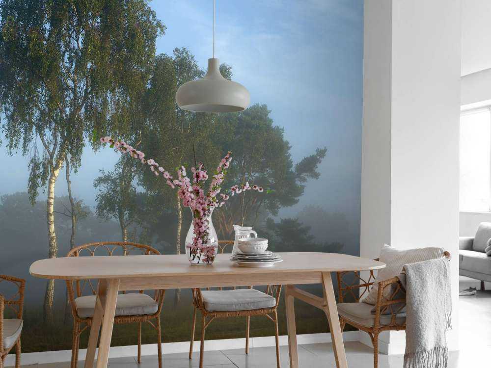 Bomen op een rijtje met mist