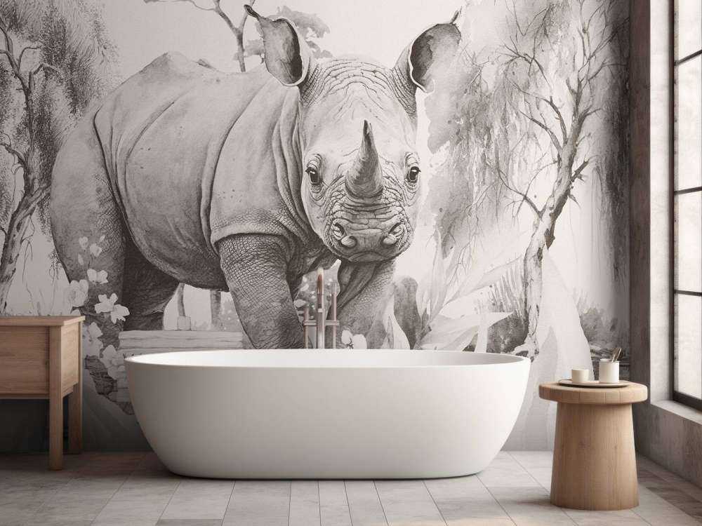 Baby rhino on the savannah beige