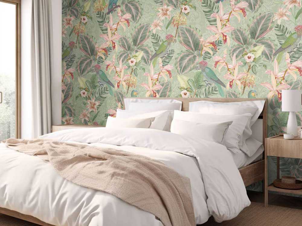 Tropical Jungle birds & parrots - sage green