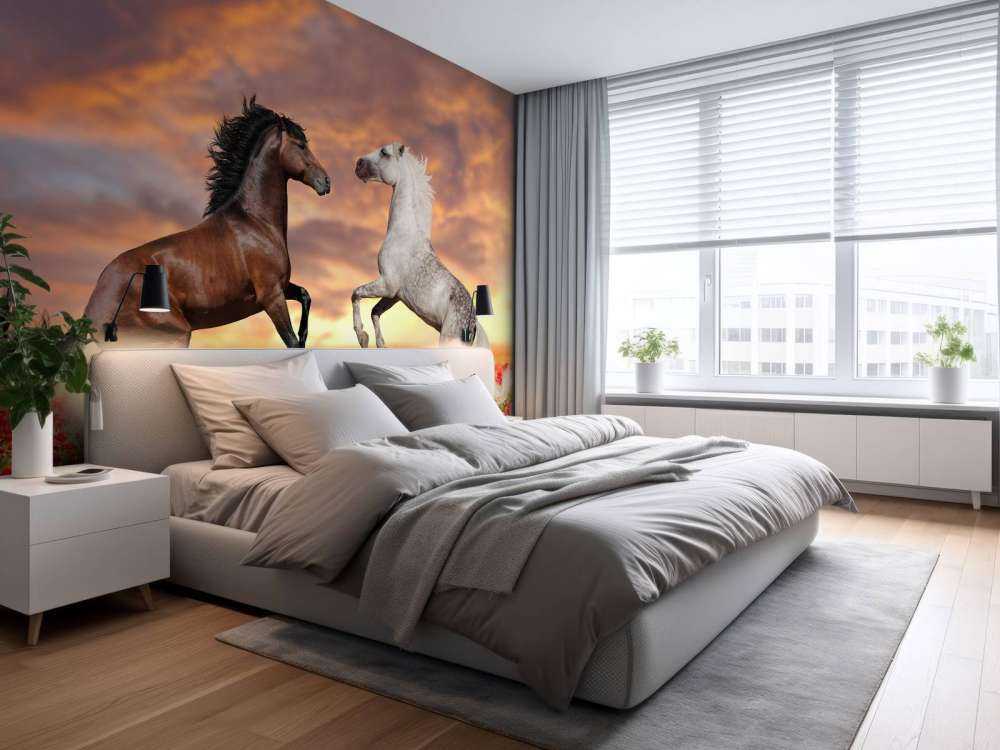 Verliefde paarden in een bloemenveld