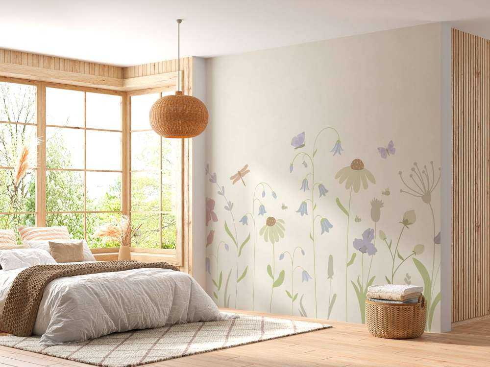 Flower field high with butterflies beige, old pink, green and lilac