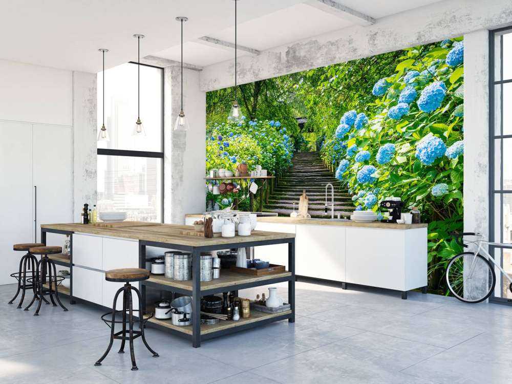 Stairs between hydrangeas