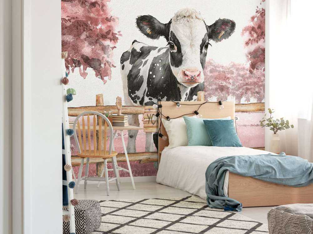 Young cow in a meadow pink