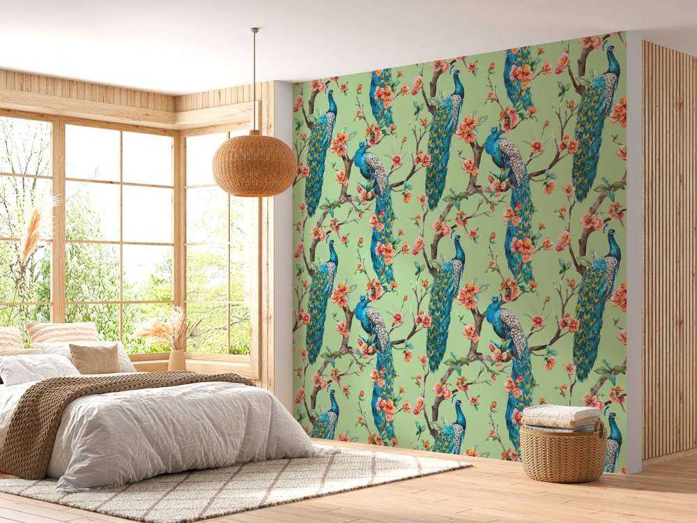 Peacock with Garden Blossom