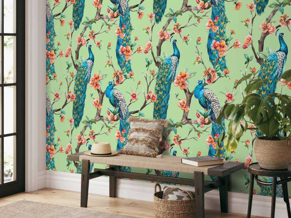 Peacock with Garden Blossom