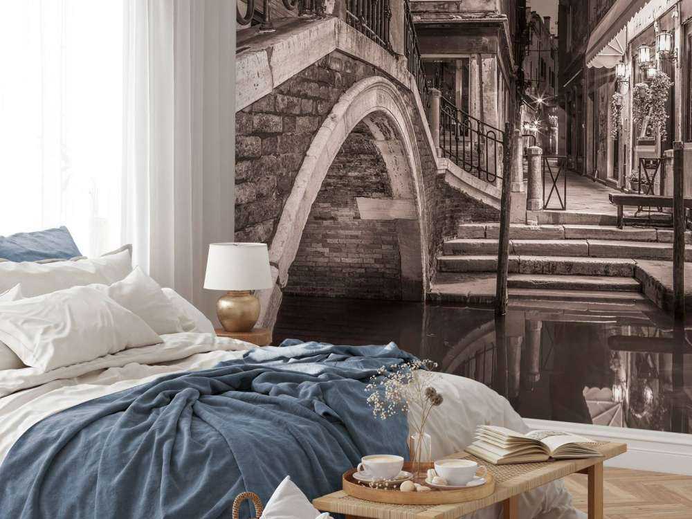 Gondolas moored along the canal, Venice, Italy