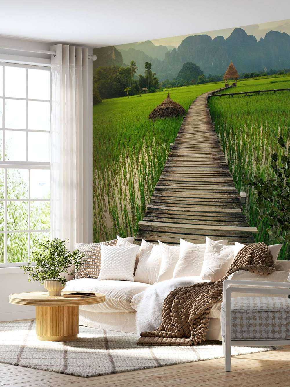 Wooden scaffolding through a rice field