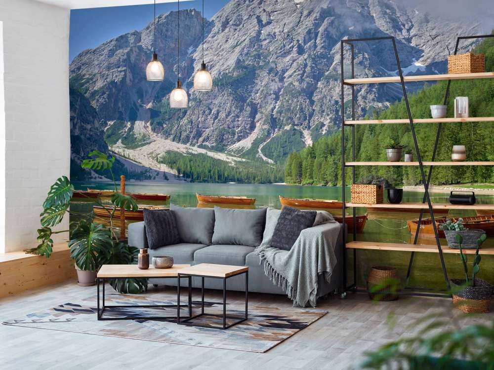 Wooden boats in mountain lake