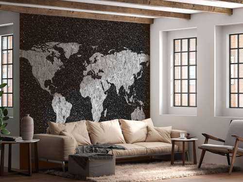 White world map on black background
