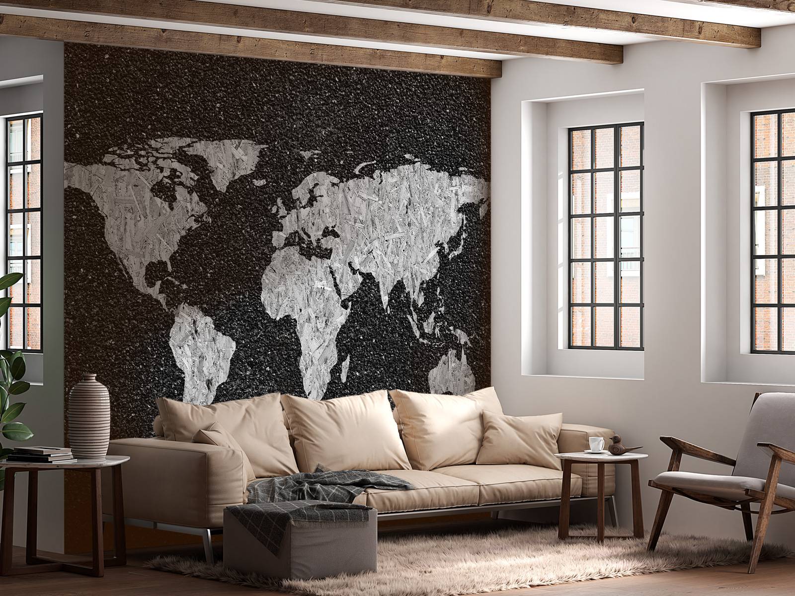 White world map on black background