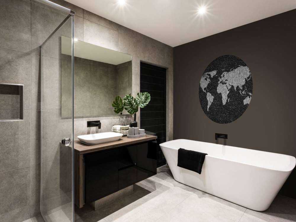 White world map on black background