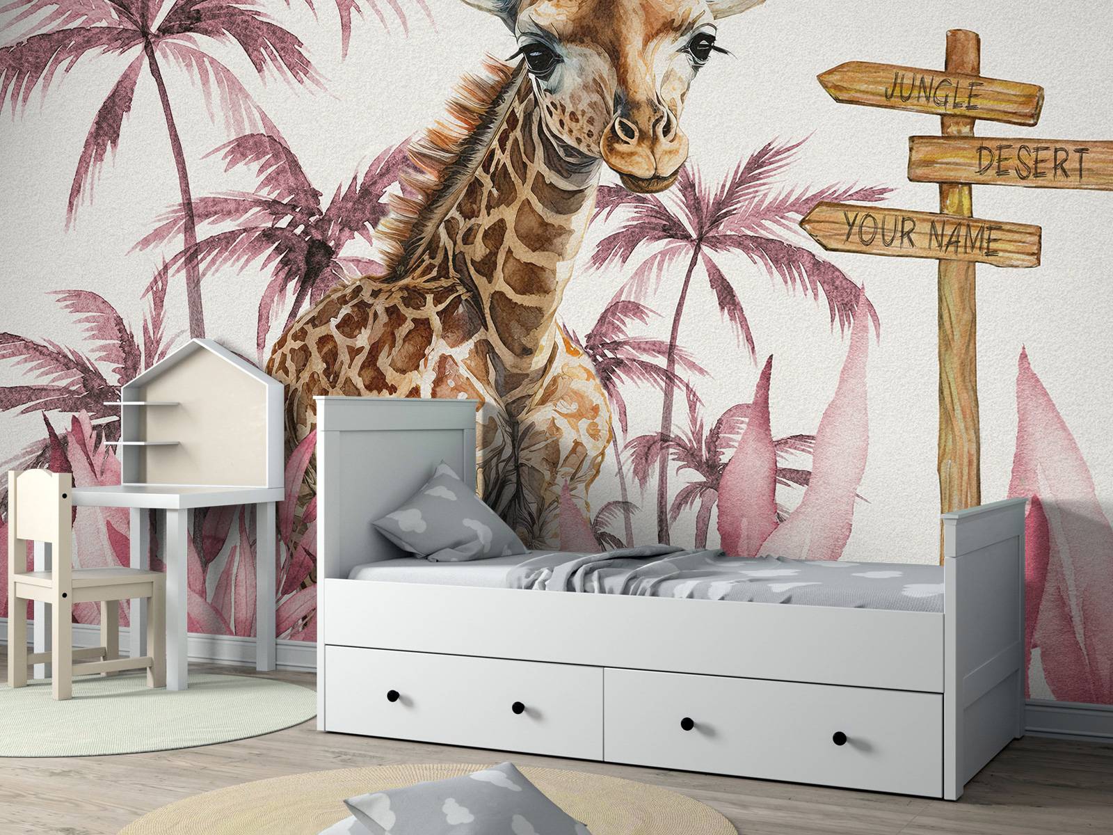 Baby giraffe in the jungle pink