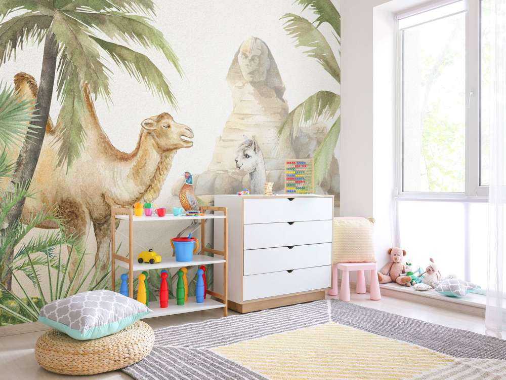 Camel and alpaca in the desert